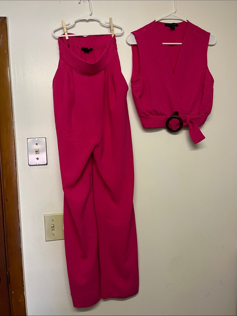 Tullea Fuchsia Two-Piece Jumpsuit Set with Ring-Belt Crop Top